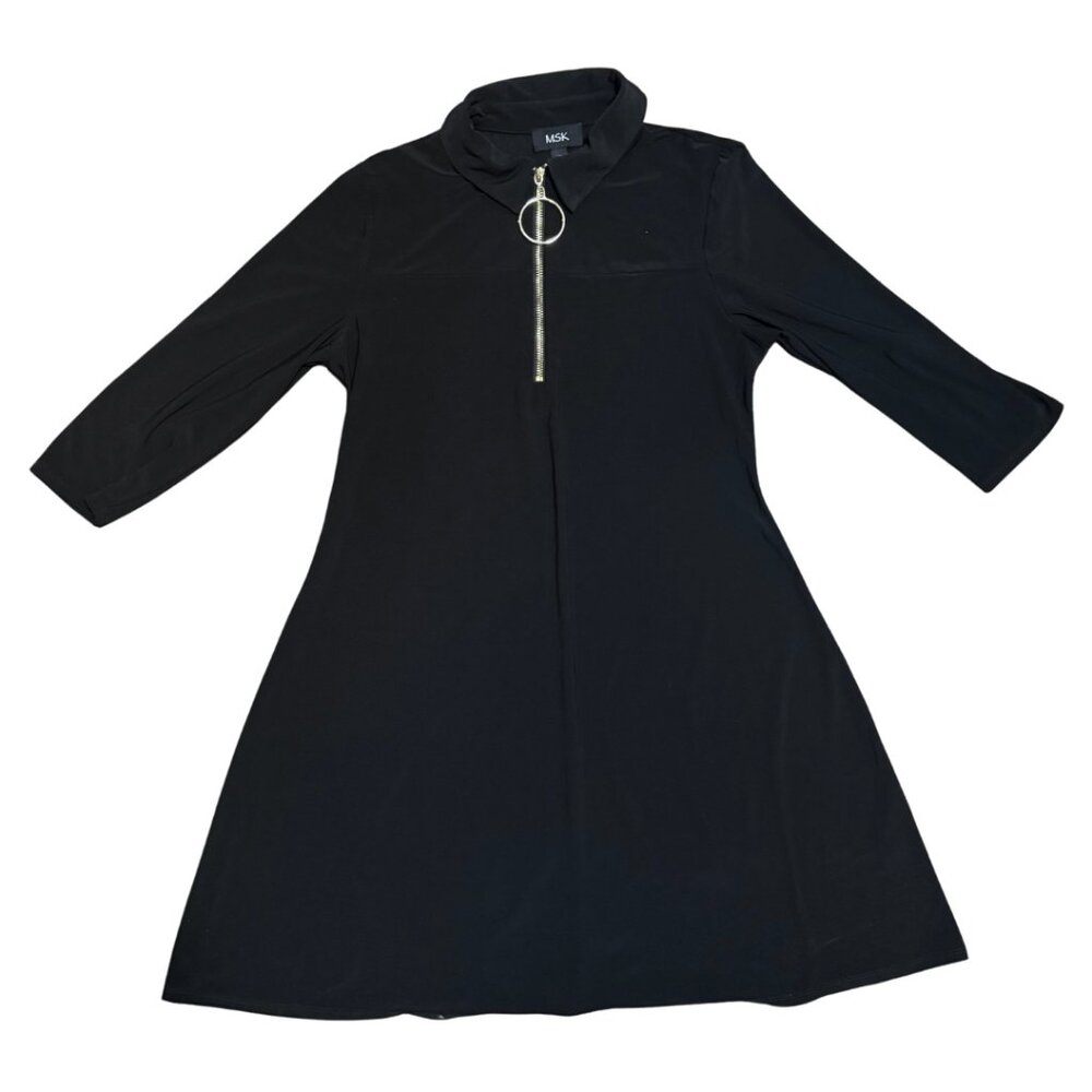 MSK Black Collared Dress | Gold O-Ring Zip Front | Size M | Like New
